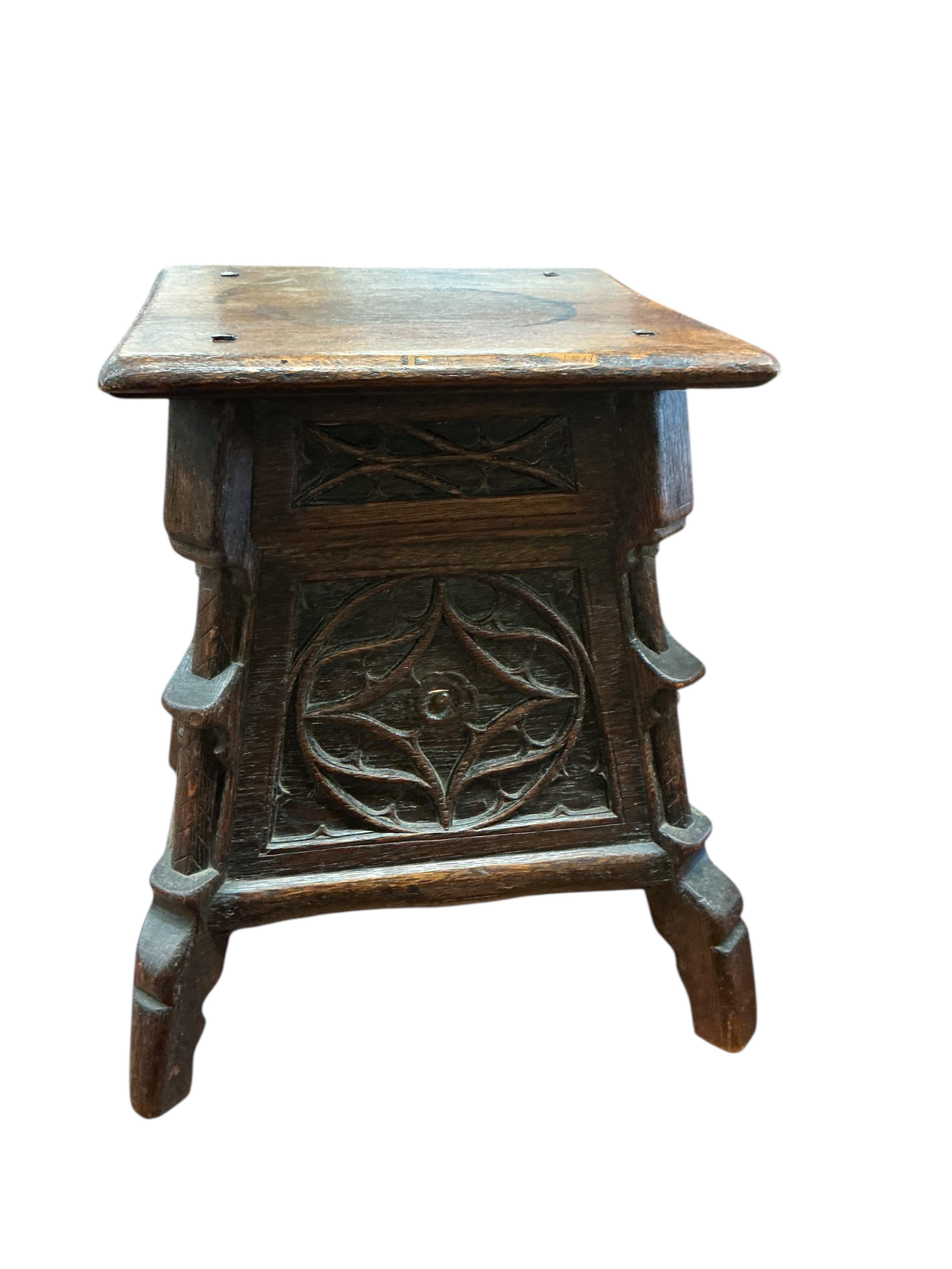 A 17th century Pugin style square oak occasional table, width 48cm, height 53cm